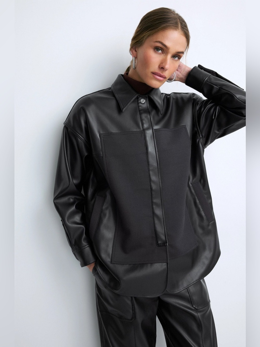 3.1 Phillip Lim Black Faux-Leather Snap Front Overshirt